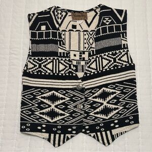 Aztec Southwestern Tapestry Vest Black White Silver Button Front Womens One Size